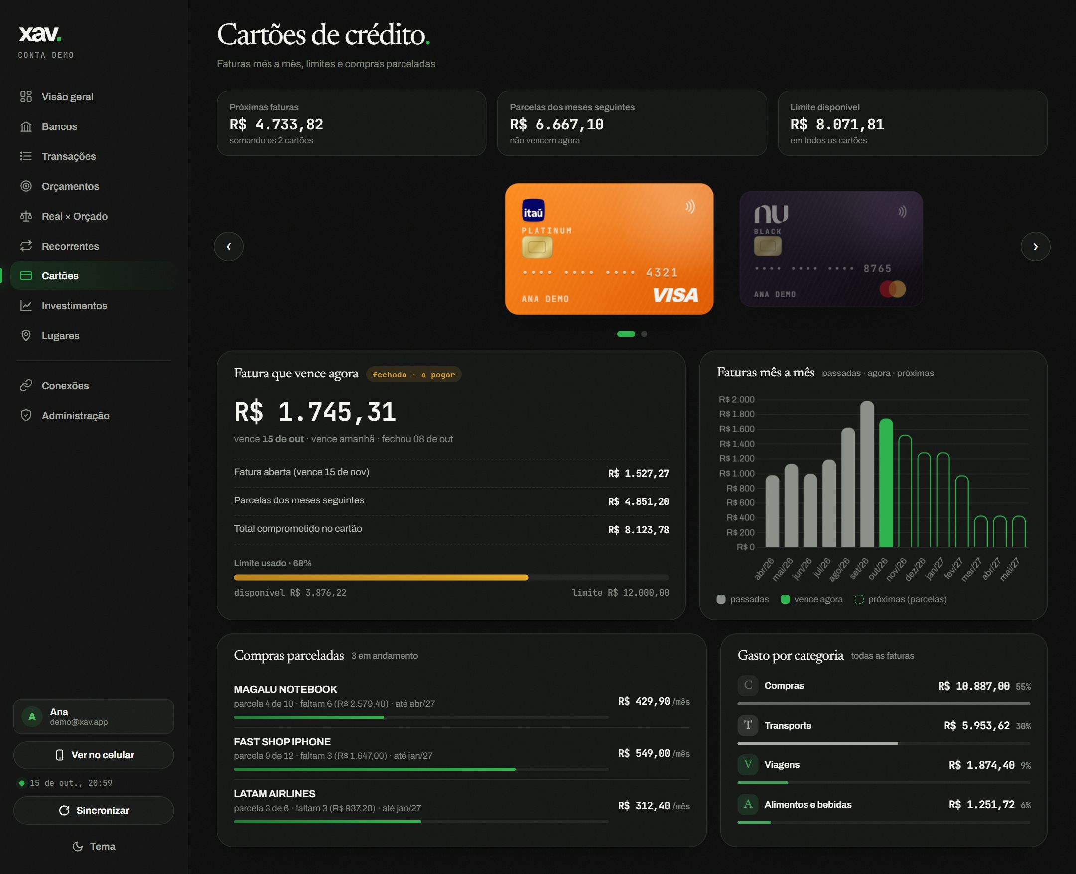 Tela Cartões do xav.